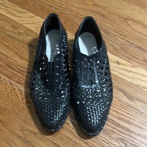 Freda Salvadore black leather handwoven flats, size 6